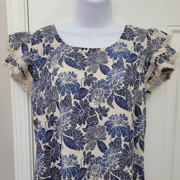 Luisa Perla Made In Italy Crochet Trim Flutter Sleeve Blue Tan Linen Dress Small - Picture 2 of 11